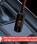 Straight Up 12V Cigarette Lighter Plug With 16 Awg Pure Copper Wire And One Foot Cord, showing LED light indicator in car.