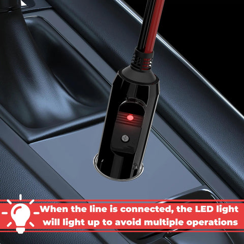 Straight Up 12V Cigarette Lighter Plug With 16 Awg Pure Copper Wire And One Foot Cord, showing LED light indicator in car.