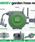 Garden Retractable Hose Reel With Slow Return System, Five Eighth Inch By 85 Feet, wall mounted, featuring 9 function nozzle.