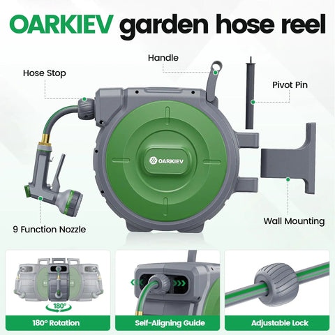 Garden Retractable Hose Reel With Slow Return System, Five Eighth Inch By 85 Feet, wall mounted, featuring 9 function nozzle.