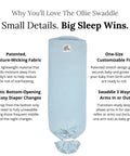 Adjustable Baby Swaddle For Newborns That Feels Like The Womb showing sky color, moisture-wicking fabric, and elastic bottom opening