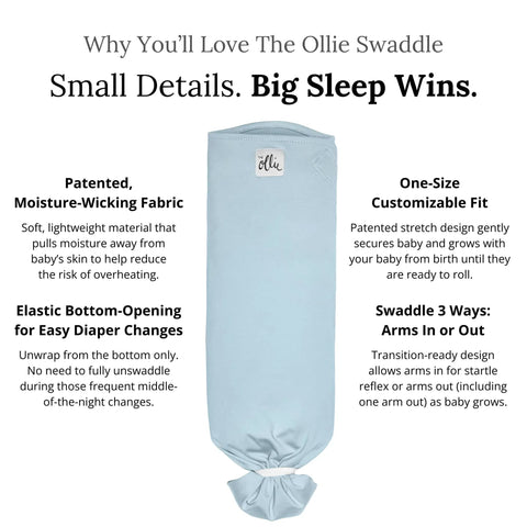 Adjustable Baby Swaddle For Newborns That Feels Like The Womb showing sky color, moisture-wicking fabric, and elastic bottom opening