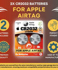 Premium 2 Pack CR2032 Battery Top Shelf Replacement For Apple AirTag Dead Reliable 3V Lithium Power Cell packaged with details.