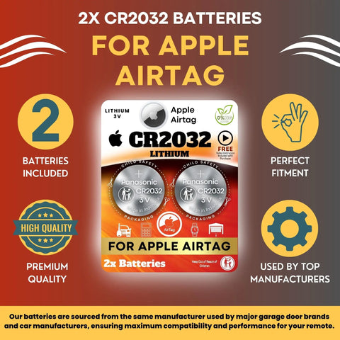 Premium 2 Pack CR2032 Battery Top Shelf Replacement For Apple AirTag Dead Reliable 3V Lithium Power Cell packaged with details.