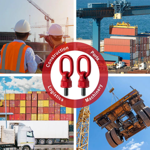 4 Pack M16 31.8 G80 Swivel Eye Bolt Hoist Ring With 360 Degree Rotation 1.5 Ton To 2.5 Ton Capacity 1080 MPa Tensile Strength Red Lifting Ring Set For Crane Machinery Parts with construction and port background.