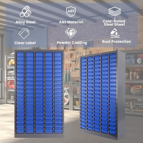 100 Drawer Nut And Bolt Organizer With Alloy Steel Frame And ABS Drawers in workshop setting, blue cabinet