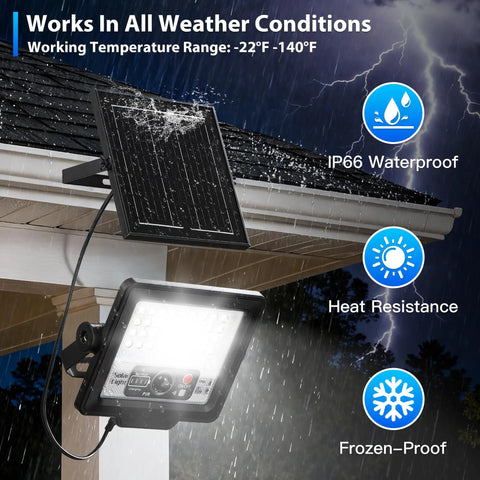60W Solar Flood Light Outdoor Waterproof 7000 Lumens 6500K Motion Sensor with waterproof solar panel and light on roof corner