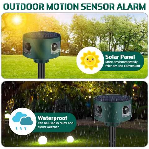 Two Pack Solar Indoor And Outdoor Motion Alarm with Ultrasonic Deterrent 360 Degree Detection shown in garden setup