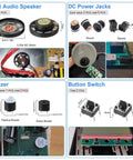 Components from 1780 Piece DIY Electronics Kit with mini audio speaker, DC power jacks, buzzers, and button switches for projects.