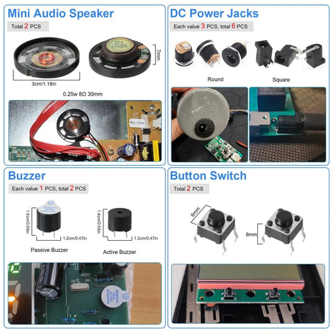 Components from 1780 Piece DIY Electronics Kit with mini audio speaker, DC power jacks, buzzers, and button switches for projects.