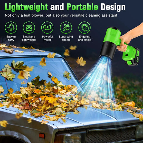 Cordless Leaf Blower With Turbo Power Beast 2x 4.0Ah Batteries demonstrating leaf blowing on car hood