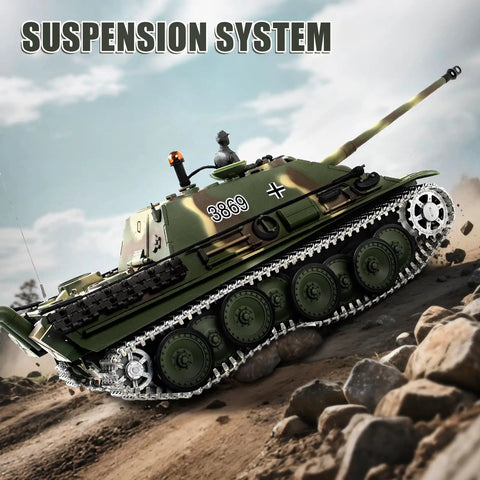 1/16 Scale RC Tank Jagdpanther Battle Ready With Smoke, Sound And Lights, 2.4G Remote Control showing suspension on terrain