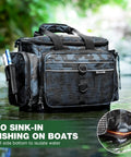 Waterproof Fishing Tackle Box 4 Pack with 3600 and 3700 tackle trays in camouflage design, shown on a boat with a water isolation feature.