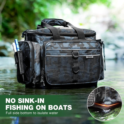Waterproof Fishing Tackle Box 4 Pack with 3600 and 3700 tackle trays in camouflage design, shown on a boat with a water isolation feature.