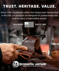 Artisan crafting a leather tool pouch with text "Trust. Heritage. Value." showcasing USA craftsmanship since 1980.