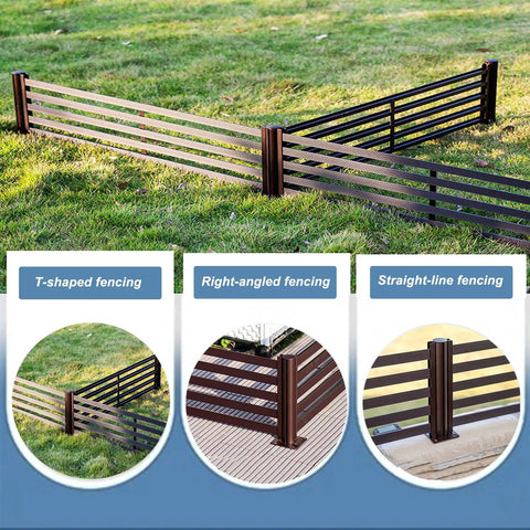 Tough As Nails Aluminum Railing Pickets Kit showcasing T-shaped and straight-line fencing options for gardens and patios.