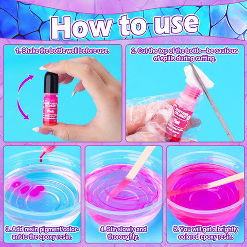 Epoxy resin pigment bottle pink, 6ml, shown with step-by-step how-to-use panels