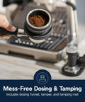 Compact Espresso Machine With Built In Burr Grinder And Milk Frother For A Home Barista Kit dosing funnel and tamper visible