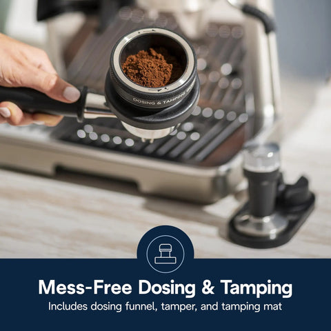 Compact Espresso Machine With Built In Burr Grinder And Milk Frother For A Home Barista Kit dosing funnel and tamper visible