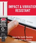 Front view of J-B Weld Plastic Bonder body panel adhesive and gap filler syringe, black label, 25 ml