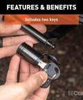 Locking Trailer Hitch Pin With Five Eighth Inch Diameter For Two Inch Receiver in hand showing barbell lock with keys