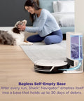 Robot Vacuum Cleaner With Beastly Suction For Pet Hair On Rugs And Hard Floors Bagless Self Empty Base near woman and dog