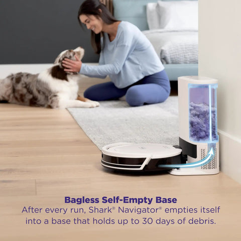Robot Vacuum Cleaner With Beastly Suction For Pet Hair On Rugs And Hard Floors Bagless Self Empty Base near woman and dog