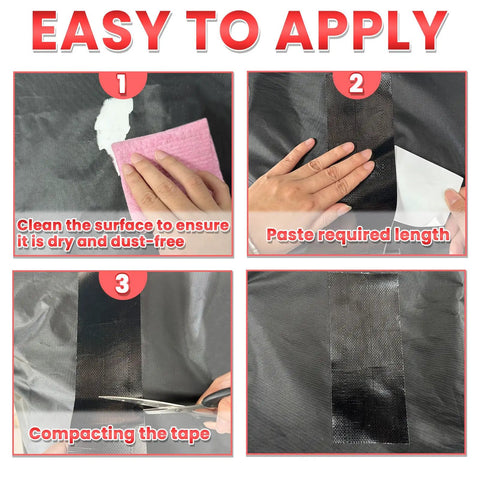 Steps showing application of Heavy Duty Outdoor Repair Tape For Awnings Tarps Ripstop Fabrics Boat Covers Tents And Sails Waterproof UV Resistant Black Patch Kit For Quick Pro Grade Tough As Nails All Weather Fixes