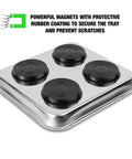 Magnetic Tool Tray Organizer 10 Inch By 11 Inch Heavy Duty Stainless Steel Square Tray underside with protective rubber magnets.