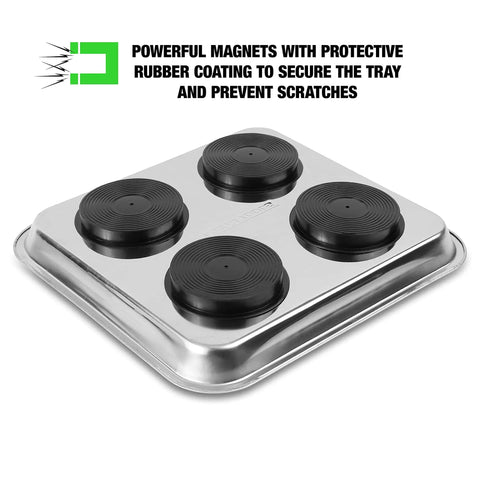 Magnetic Tool Tray Organizer 10 Inch By 11 Inch Heavy Duty Stainless Steel Square Tray underside with protective rubber magnets.