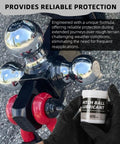 4 Oz Trailer Hitch Ball Grease With 2 Ball Head Covers on a shiny triple ball mount, held by gloved hand, ideal for towing.