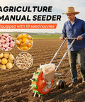 Hand Push Seeder With Visible Seed Hopper Equidistant 10 Stainless Steel Duckbill Seed Dispenser in use by a farmer