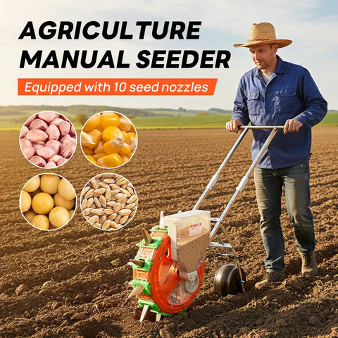 Hand Push Seeder With Visible Seed Hopper Equidistant 10 Stainless Steel Duckbill Seed Dispenser in use by a farmer