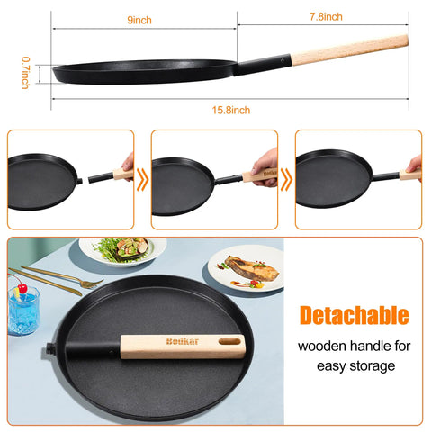 Preseasoned 8 Inch Frying Pan Skillet with Detachable Wooden Handle, black finish for camping and cooking