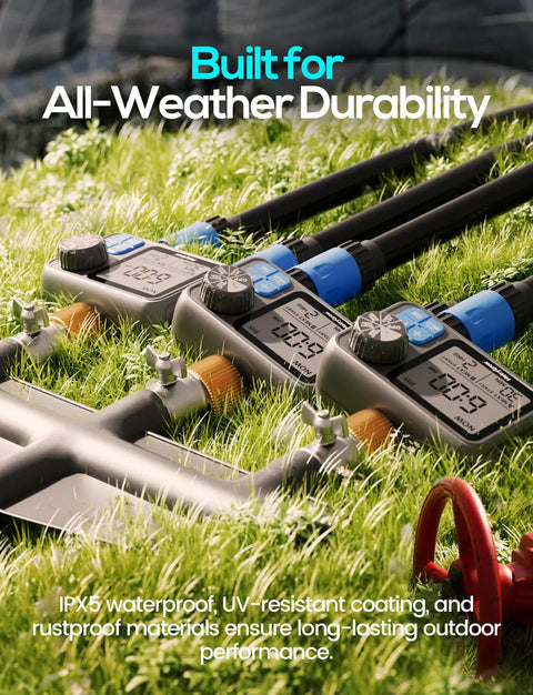 Dual Zone Sprinkler Timer For Garden And Lawn with 2 brass inlets, three programmable controllers on grass with IPX5 waterproof coating.
