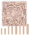 Eight Size Wooden Dowel Set Contains Three Hundred Pcs Of Premium Hardwood Dowels For Woodworking DIY Crafts And Home Projects Includes One Quarter Inch Five Sixteenths Inch And Three Eighths Inch Fluted Pins In Multiple Lengths For Strong Joints On, shown in a plastic container with dowels of various sizes displayed below.