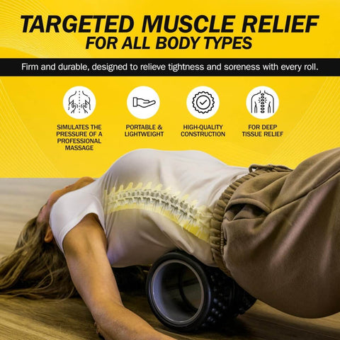 Person using Spine Aline Back Roller for Deep Tissue Massage and Knot Busting Neck and Spine Relief, portable and durable.