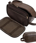 Top Tier PU Leather Toiletry Bag For Men In Dark Brown With Roomy Pockets, showing spacious interior and dual zippers.