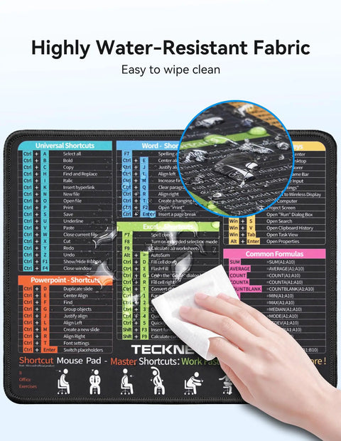 Person wiping Excel Cheat Sheet Desk Pad And Mouse Pad For Word, PowerPoint, And Windows Shortcuts, Non Slip Waterproof Office Desk Mat, 11.6 By 9.8 Inches, Portable, Durable, Clear Printing, Black.