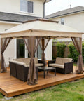 Pop Up Gazebo 11x11 Instant Canopy Tent With Mesh Netting, Patio Shade Shelter for Beach or Backyard, 121 Square Feet, Beige on Deck
