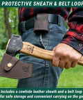 AX6 Go-To Bushcraft Hatchet For Camping And Wood Carving with sheath and belt loop, held in hand against forest background.