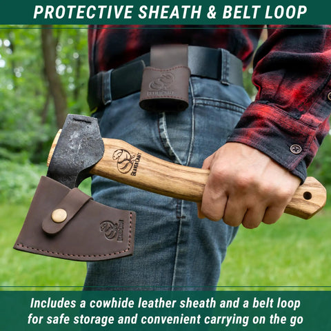 AX6 Go-To Bushcraft Hatchet For Camping And Wood Carving with sheath and belt loop, held in hand against forest background.