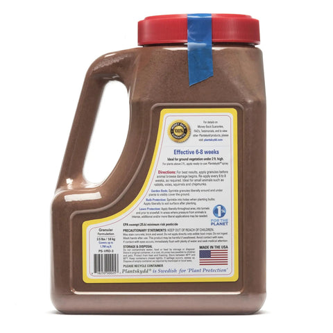 Back view of All Season Backyard Critter Repellent Granules 3.5 lb shaker jug with label for deer and rabbit protection.
