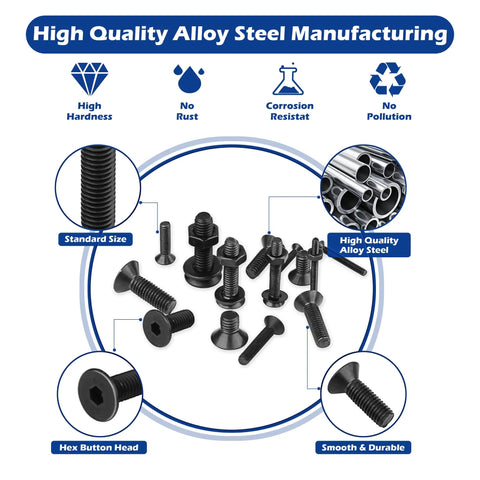 High quality alloy steel All In One 1500-Piece M2 To M5 Screws Assortment Kit with hex flat head cap bolts, nuts, and washers.