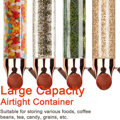 Wall Mounted Coffee Bean Dispenser With Clear Glass Tube, Two Point Seven Kg Capacity Adjustable Funnel For Tea Candy Grains, Absolute Game Changer Keeping Your Kitchen Organized And Looking Fresh As Heck, showcasing various food items in glass tubes.
