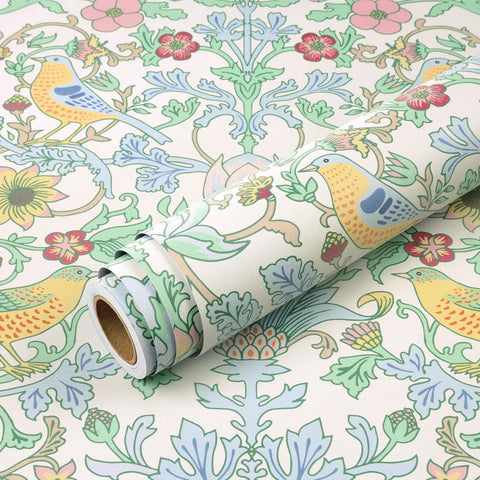 Classic William Morris Style Peel And Stick Wallpaper Removable Self Adhesive Vinyl Roll With Trim Grid For Zero Hassle Home Flip No Drama Waterproof Contact Paper, showing floral design with birds.