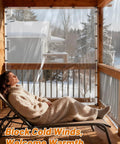 Person relaxing behind Heavy Duty 6.6 By 13 Ft Clear Tarp Waterproof With Grommets, 5 Mil Anti Tear Snowproof And Windproof PVC Tarpaulin