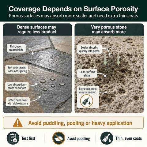 Coverage comparison for Top-Shelf Satin Stone Sealer and Color Enhancer on dense and porous surfaces, showing moisture absorption effects.
