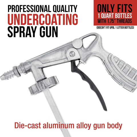 Professional Grade Lightweight Pneumatic Undercoating Spray Gun For Automotive Rust Proofing Rubberized Truck Bed Liner And Badass Heavy Duty Protective Coating System, die-cast aluminum alloy, close-up view.