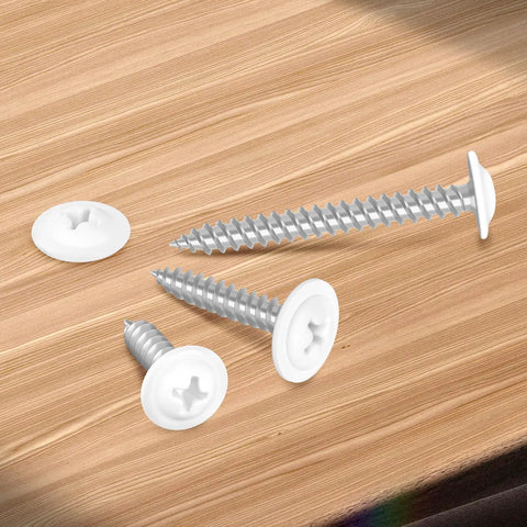 No Sweat Size Eight Wood Screws Boast Truss Head Form Zinc Steel Frame White Painted Crown Smooth Thrust Action Packs In Matched Driver Bit For Swift Barn Or Gate Upgrades In A Solid Hundred Count Tub, showcasing diverse screw angles on wood.